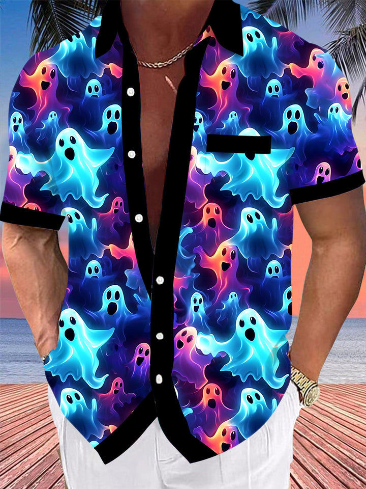 Oceanlyte Men's Hawaiian Ghost Pattern Neon Ghosts Print Short Sleeve Shirt with Chest Pocket