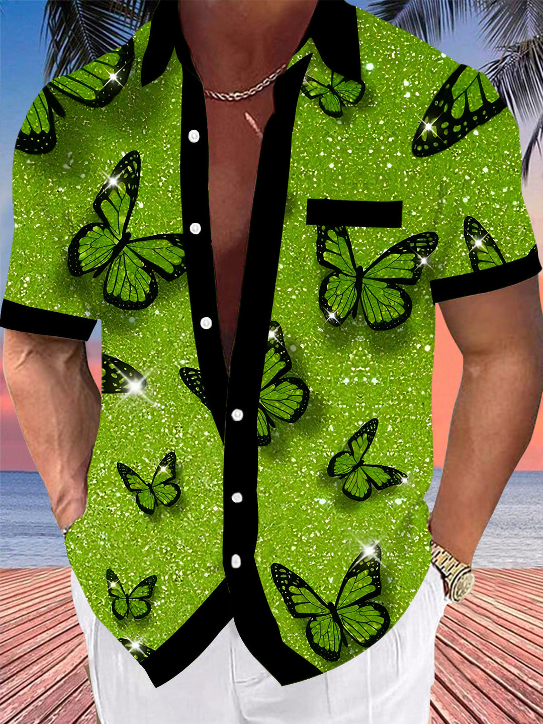 Oceanlyte Men's Hawaiian Green Glitter Butterfly Pattern Short Sleeve Shirt with Chest Pocket