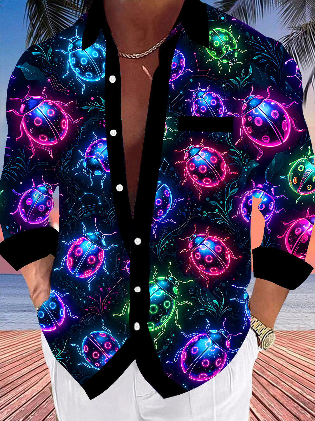 Oceanlyte Men's Graphic Neon Ladybug Print Long Sleeve Shirt with Chest Pocket