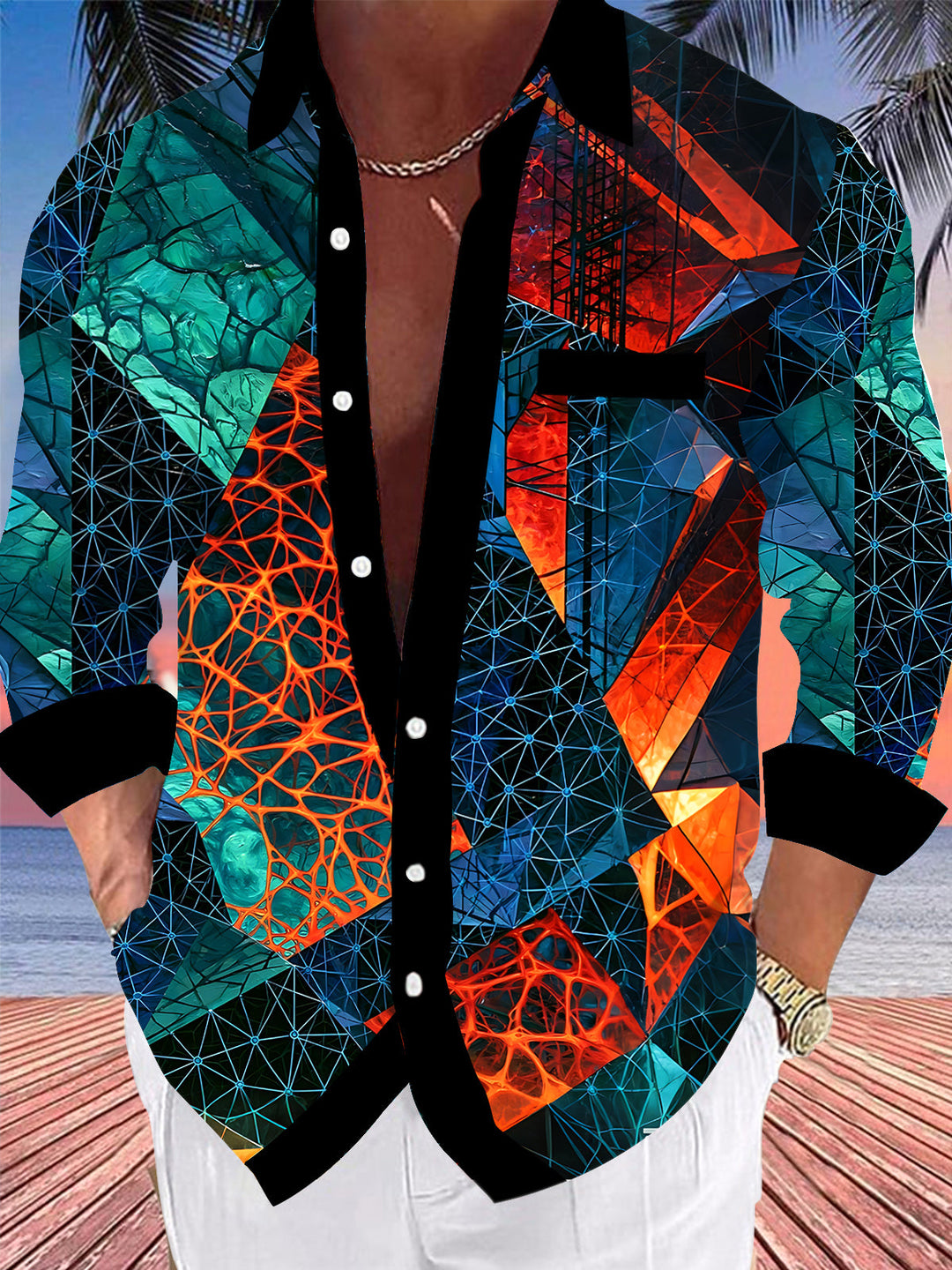 Oceanlyte Men's Graphic Abstract Geometric Pattern Long Sleeve Shirt with Chest Pocket