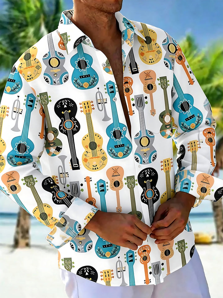 Oceanlyte Men's Graphic Musical Instruments Print Ukulele Print Long Sleeve Shirt with Chest Pocket
