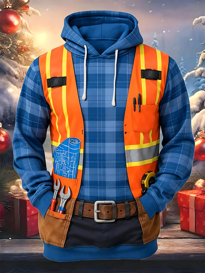 Oceanlyte Men's Graphic Construction Worker Print Long Sleeve Hoodie with Chest Pocket