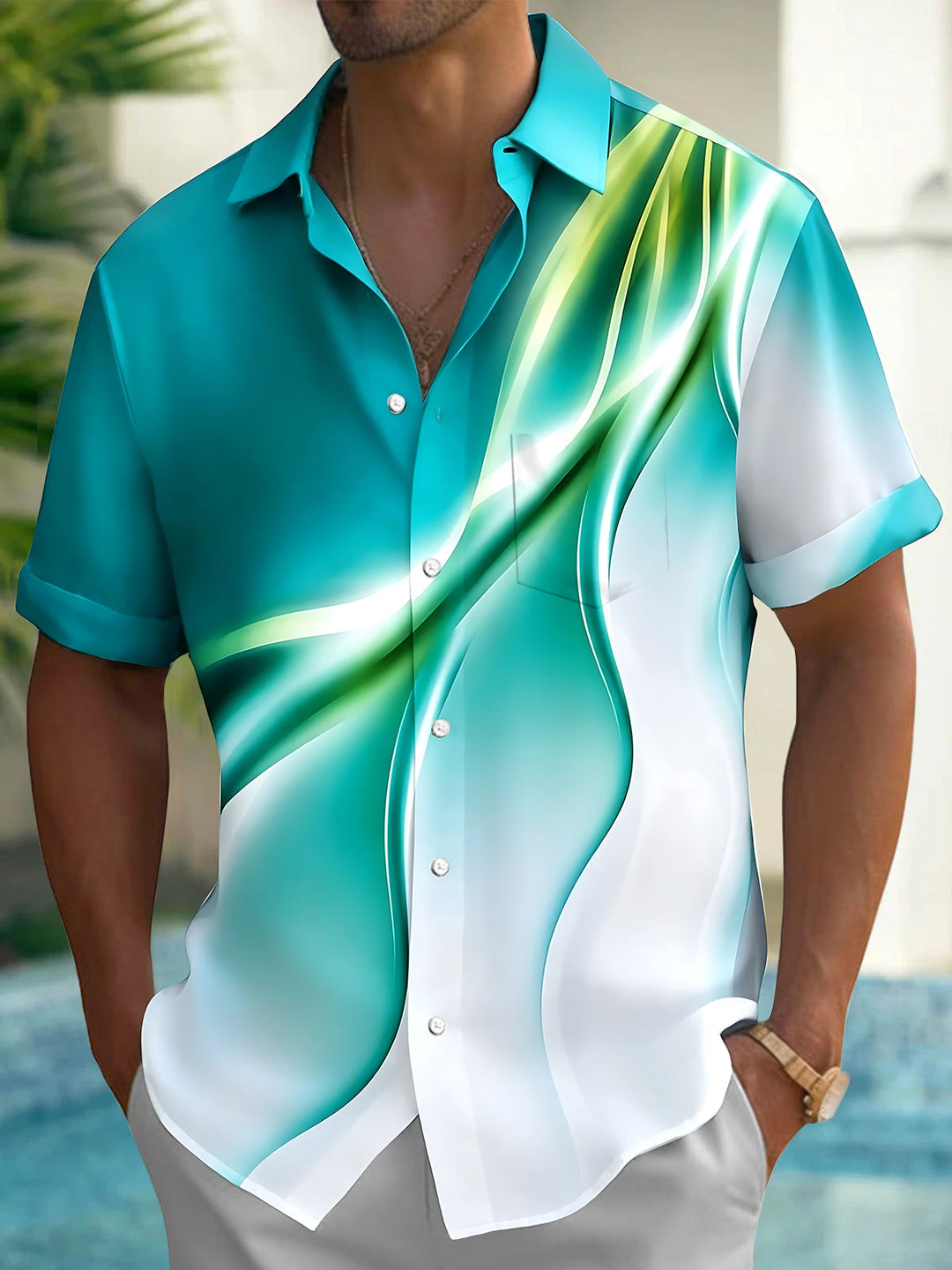 Oceanlyte Men's Printed Abstract Gradient Waves Print Short Sleeve Shirt with Chest Pocket