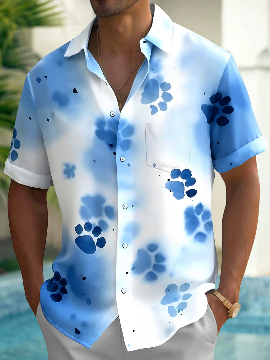 Oceanlyte Men's Tie Dye Blue Paw Print Tie Dye Pattern Short Sleeve Shirt with Chest Pocket