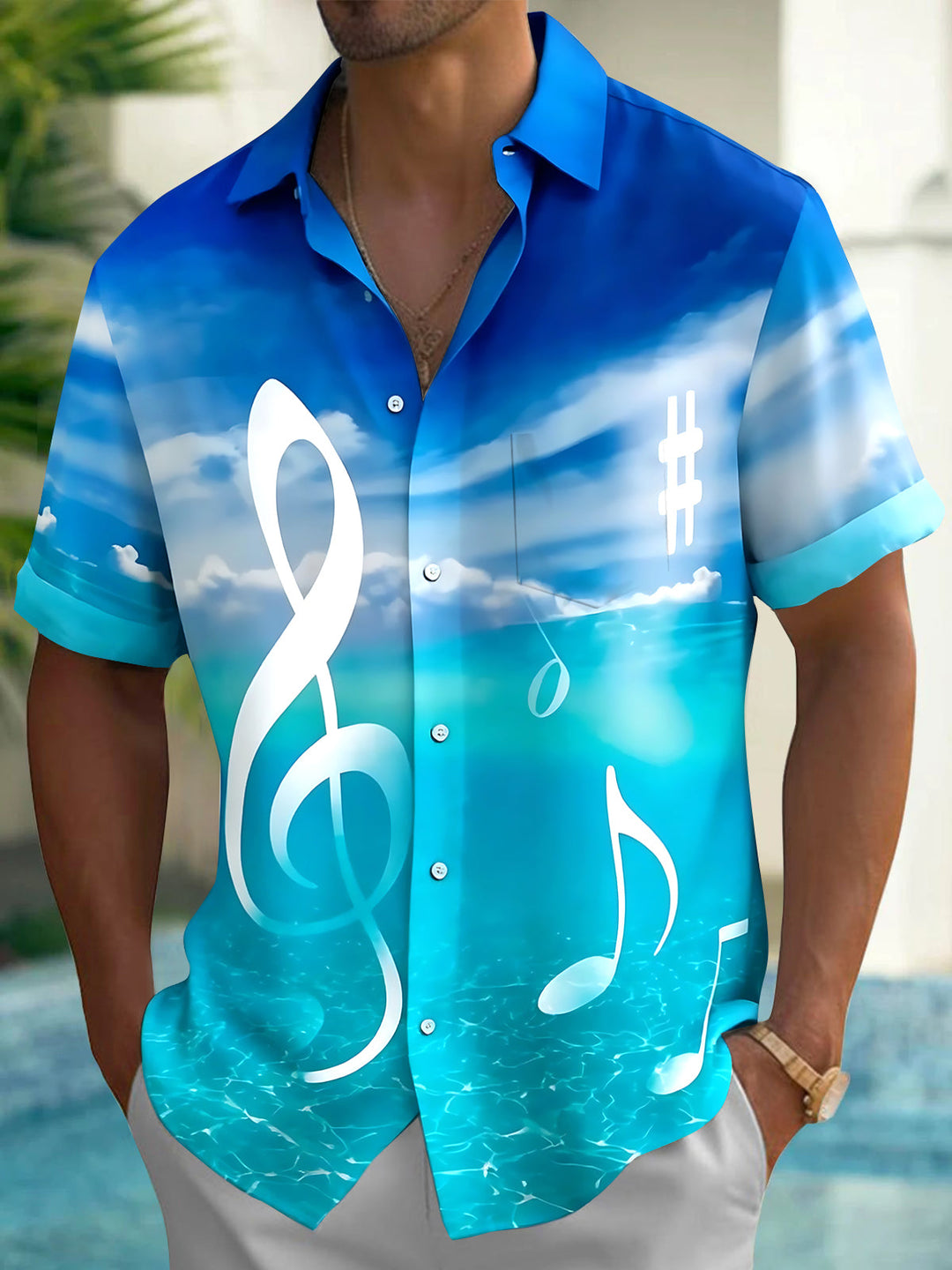 Oceanlyte Men's Hawaiian Ocean Sky Gradient Print Short Sleeve Shirt with Chest Pocket