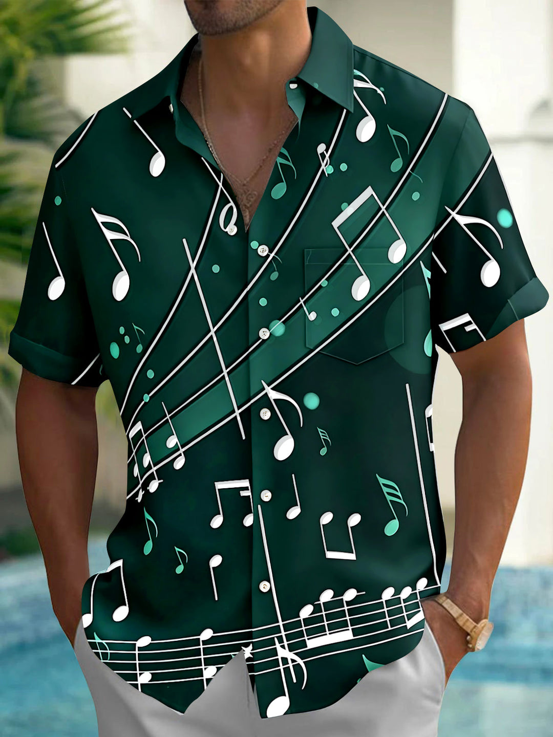 Oceanlyte Men's Graphic Music Notes Print Short Sleeve Shirt with Chest Pocket
