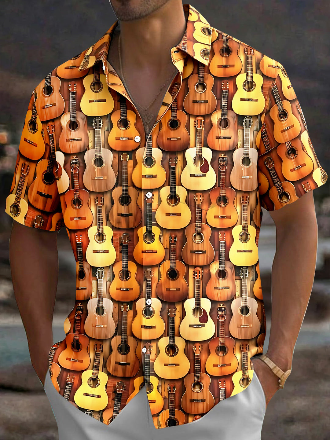 Oceanlyte Men's Hawaiian Acoustic Guitar Pattern Short Sleeve Shirt with Chest Pocket