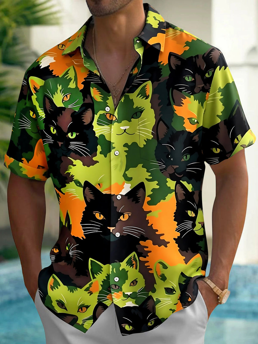 Oceanlyte Men's Hawaiian Cat Faces Print Camouflage Pattern Short Sleeve Shirt with Chest Pocket