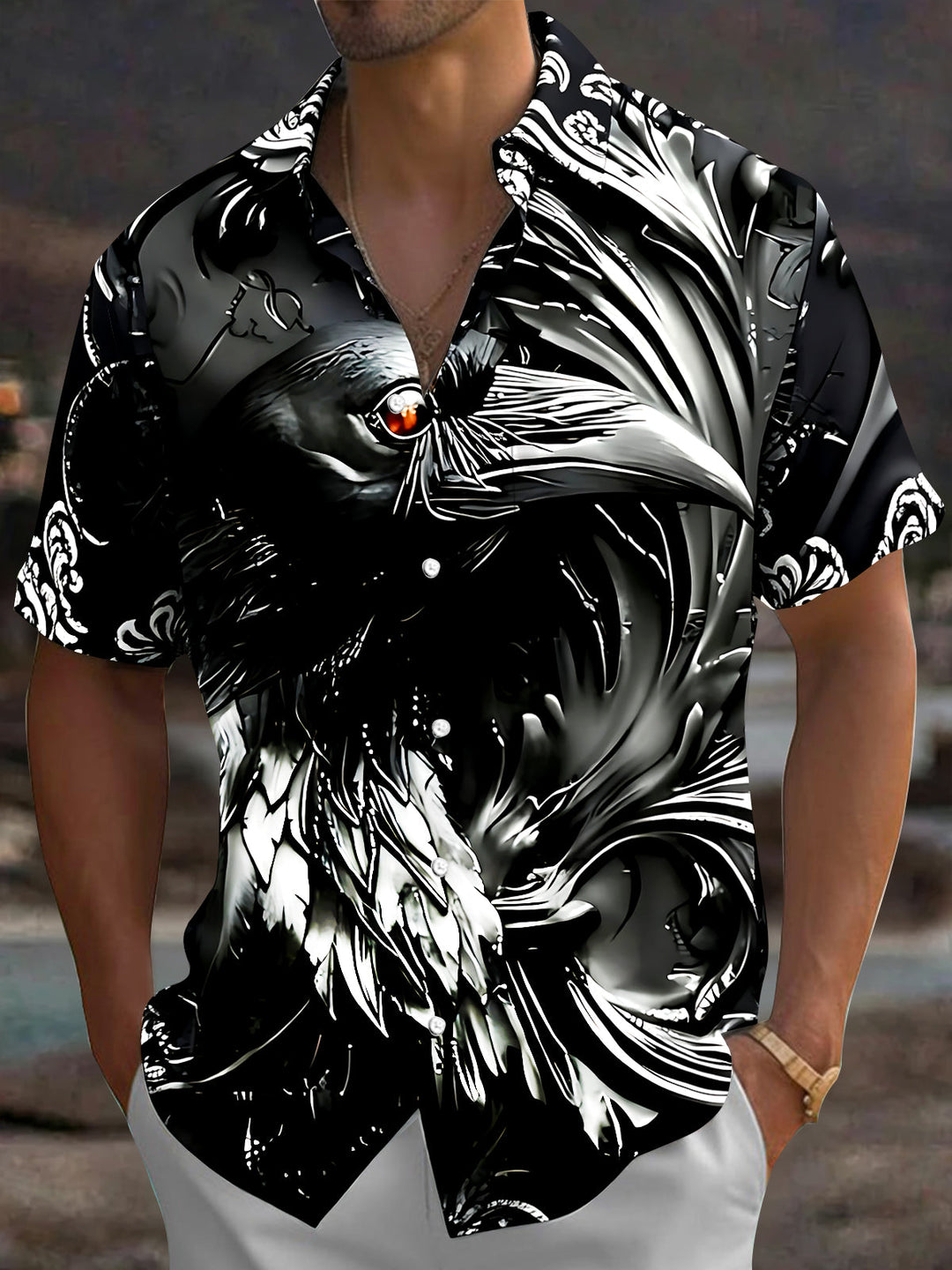 Oceanlyte Men's Graphic Crow Bird Print Short Sleeve Shirt with Chest Pocket