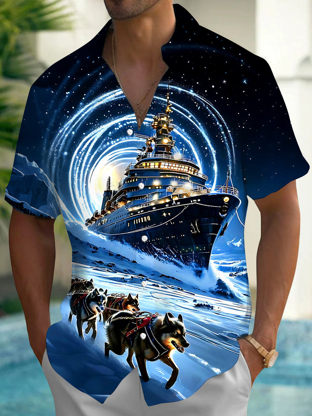 Oceanlyte Men's Graphic Cruise Ship Print Sled Dogs Print Short Sleeve Shirt with Chest Pocket