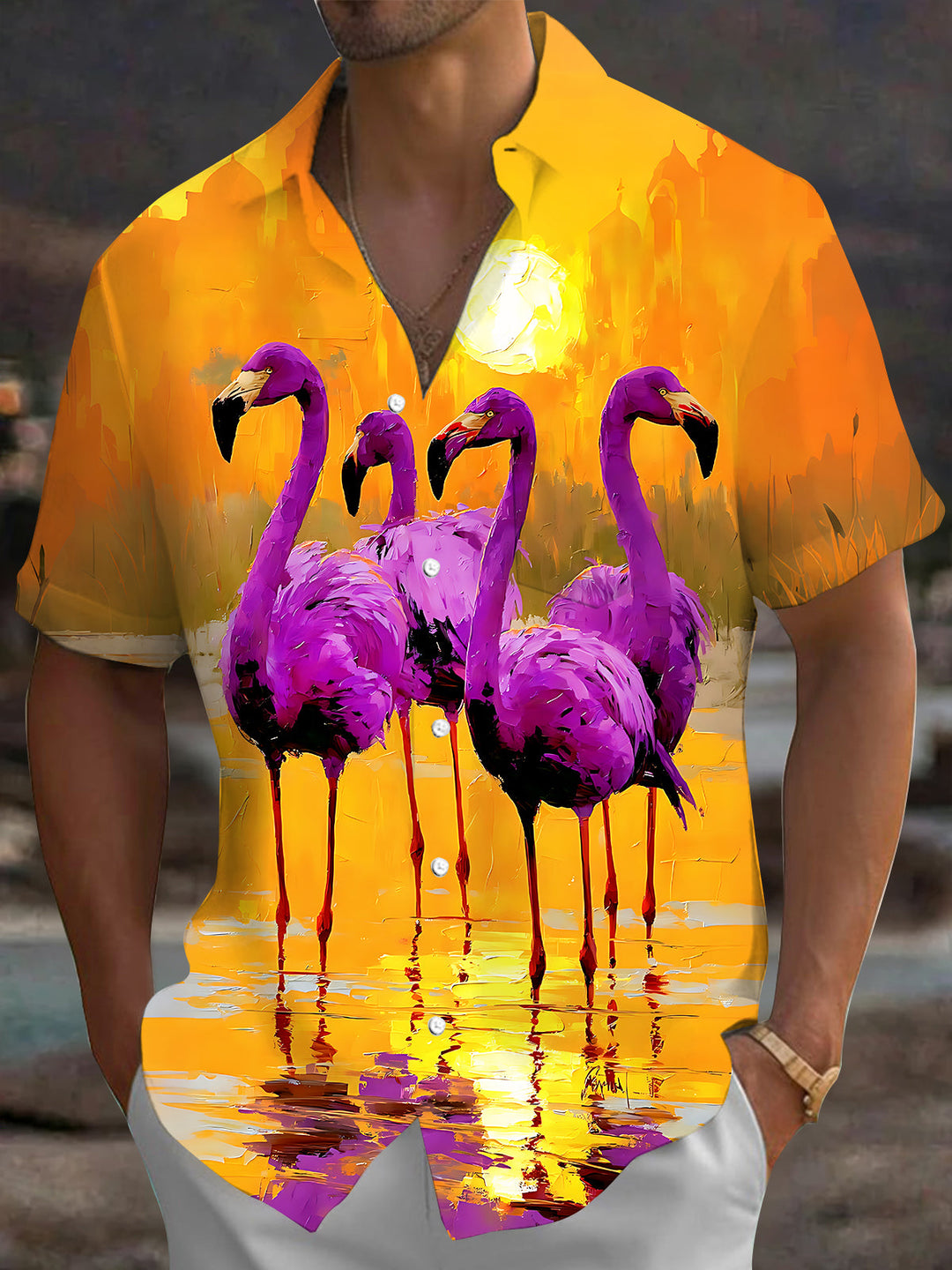 Oceanlyte Men's Hawaiian Flamingo Sunset Print Short Sleeve Shirt with Chest Pocket