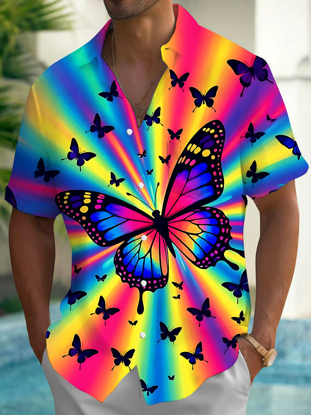 Oceanlyte Men's Graphic Rainbow Butterfly Print Short Sleeve Shirt with Chest Pocket