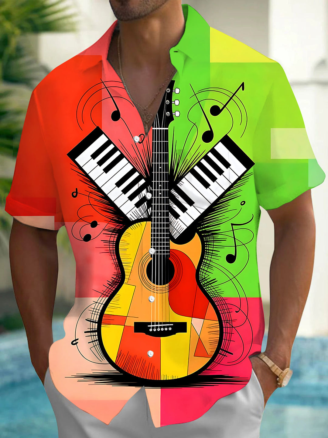 Oceanlyte Men's Graphic Guitar And Piano Keyboard Print Short Sleeve Shirt with Chest Pocket