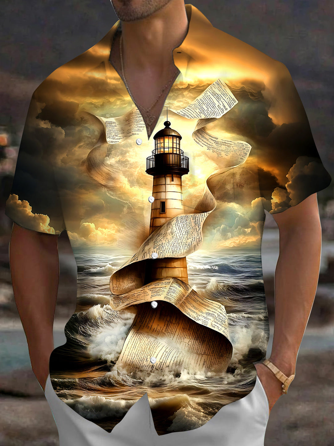 Oceanlyte Men's Graphic Lighthouse Print Ocean Waves Print Short Sleeve Shirt with Chest Pocket