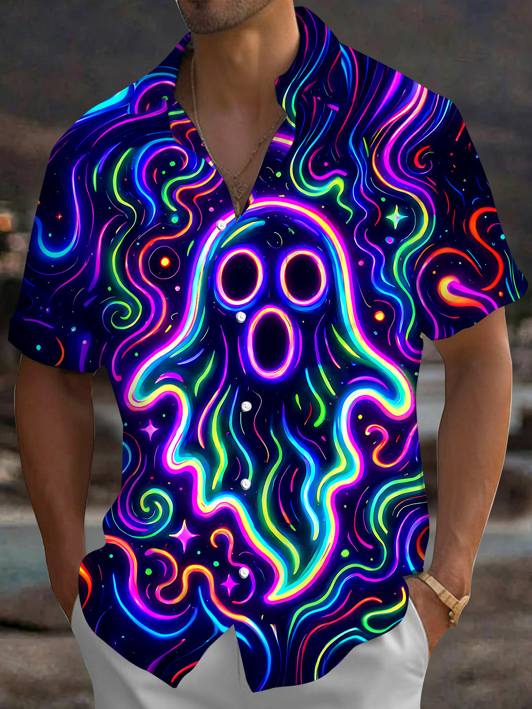 Oceanlyte Men's Graphic Neon Ghost Print Short Sleeve Shirt with Chest Pocket