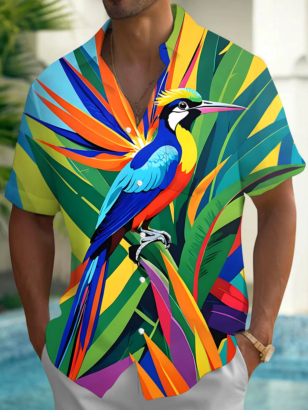 Oceanlyte Men's Hawaiian Bird Print Tropical Leaves Print Short Sleeve Shirt with Chest Pocket