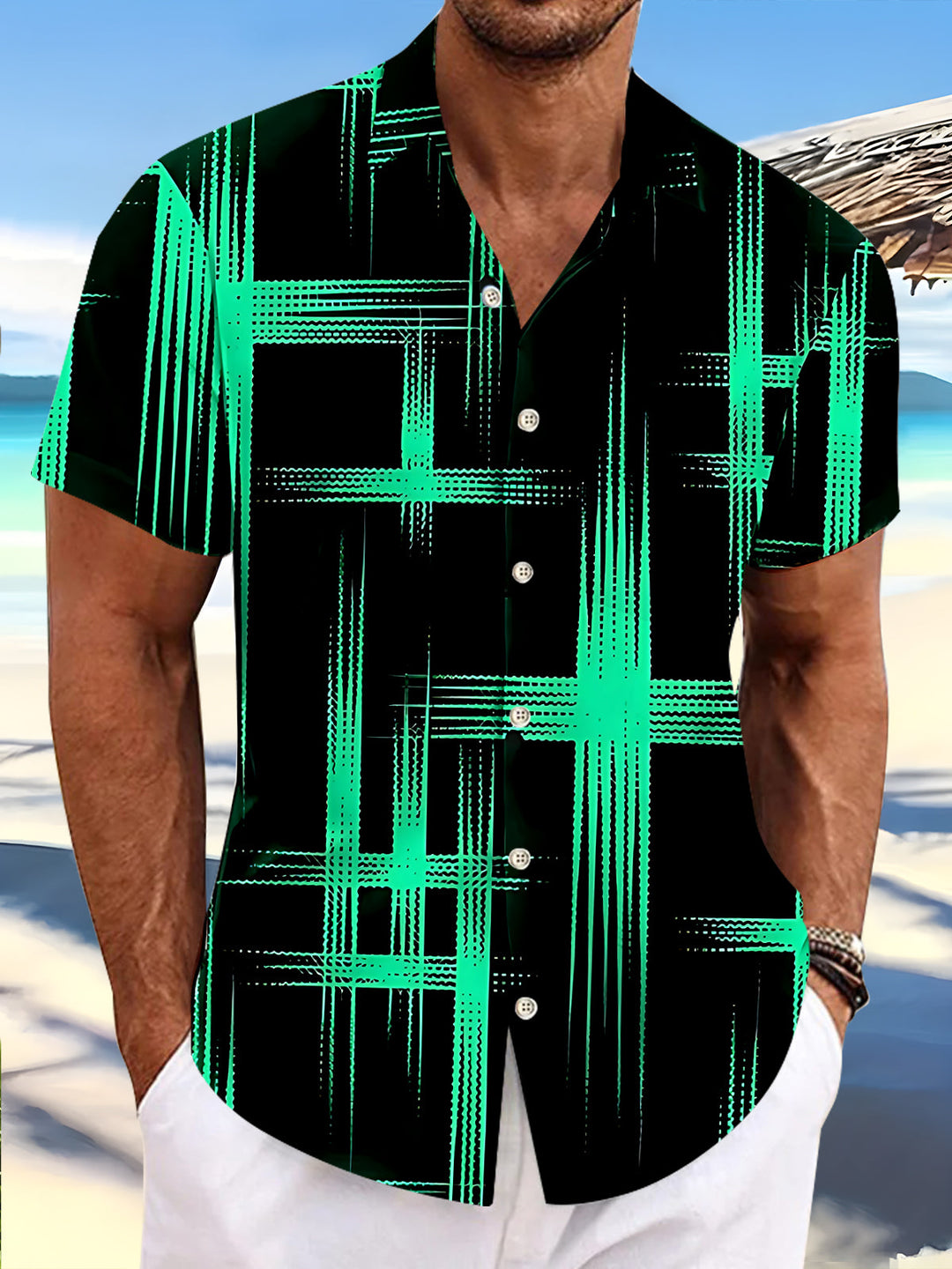 Oceanlyte Men's Hawaiian Geometric Grid Lines Print Short Sleeve Shirt with Chest Pocket