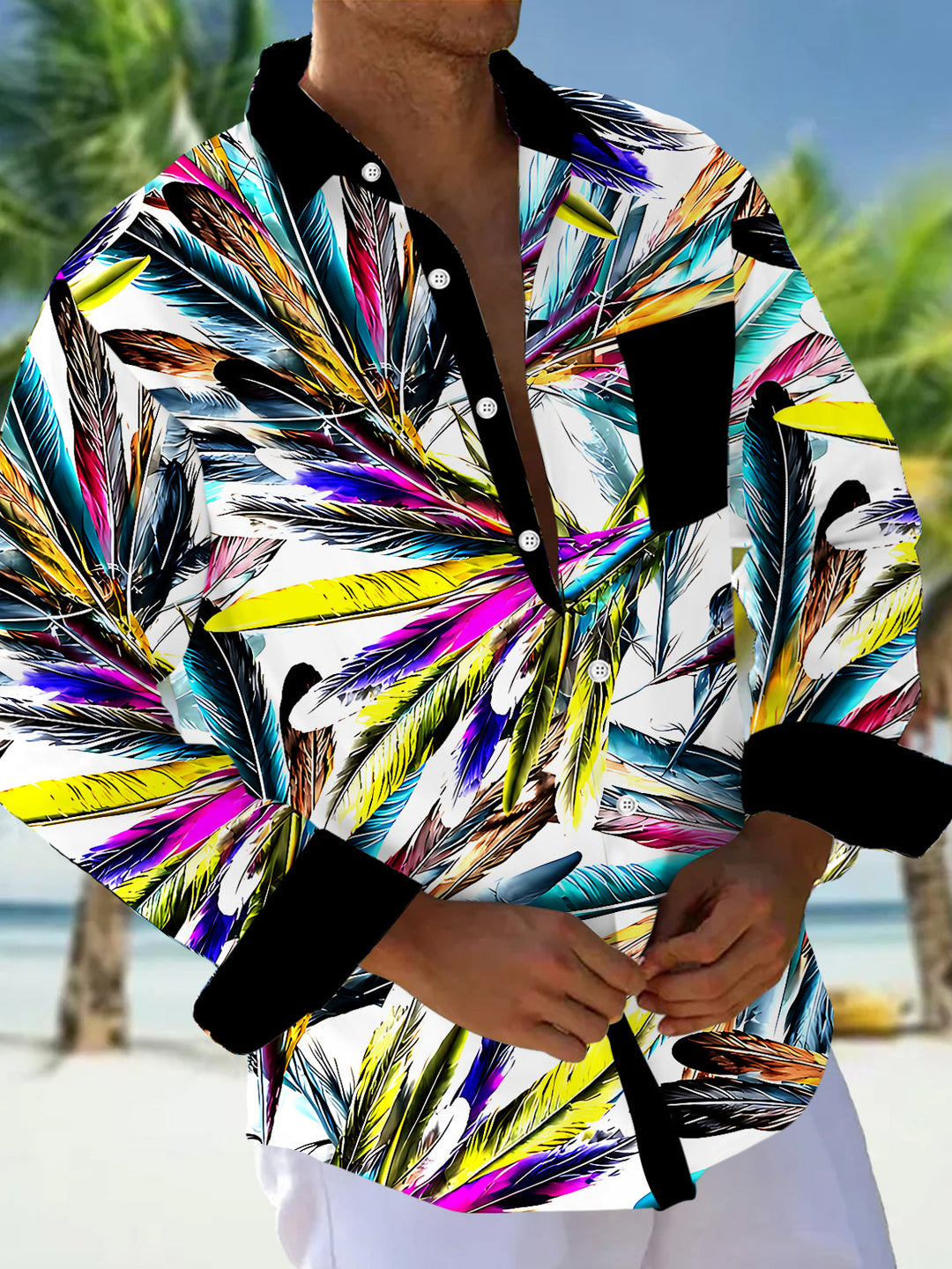Oceanlyte Men's Graphic Colorful Feather Print Long Sleeve Shirt with Chest Pocket