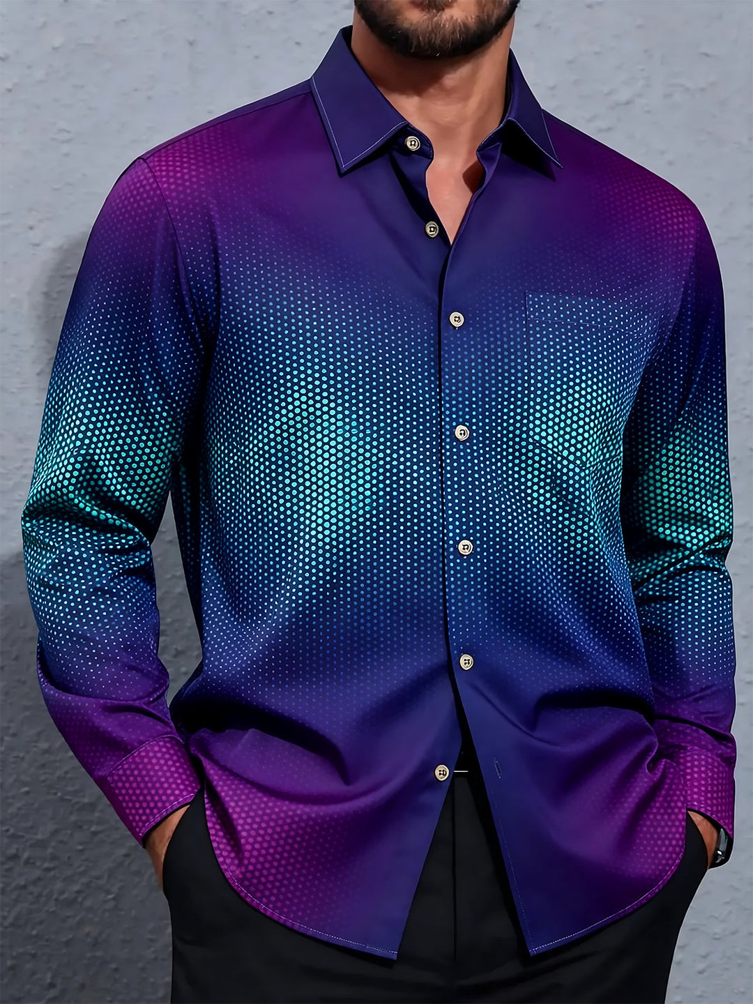 Oceanlyte Men's Printed Gradient Dot Pattern Long Sleeve Shirt with Chest Pocket