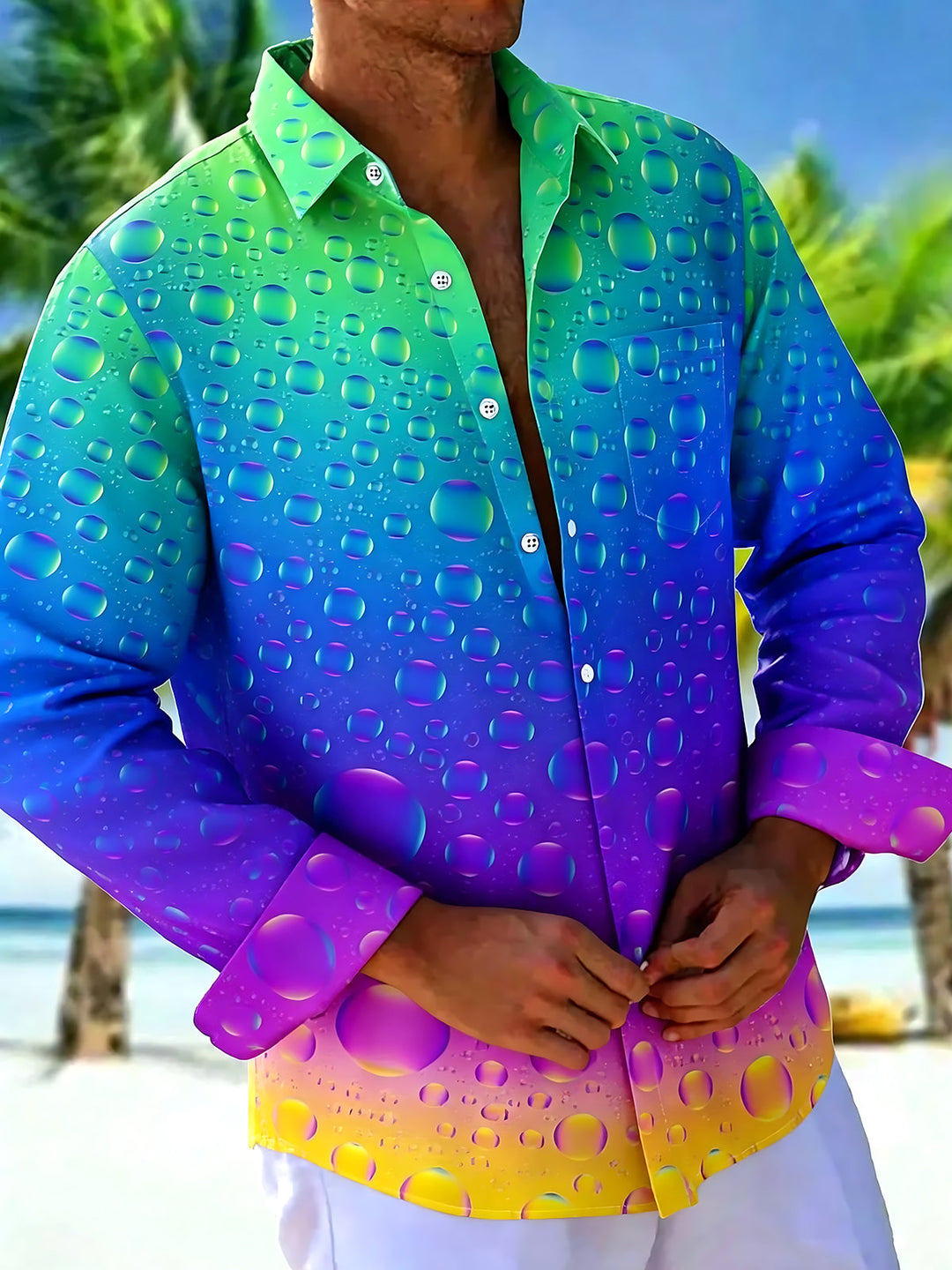 Oceanlyte Men's Printed Gradient Water Droplets Print Long Sleeve Shirt with Chest Pocket