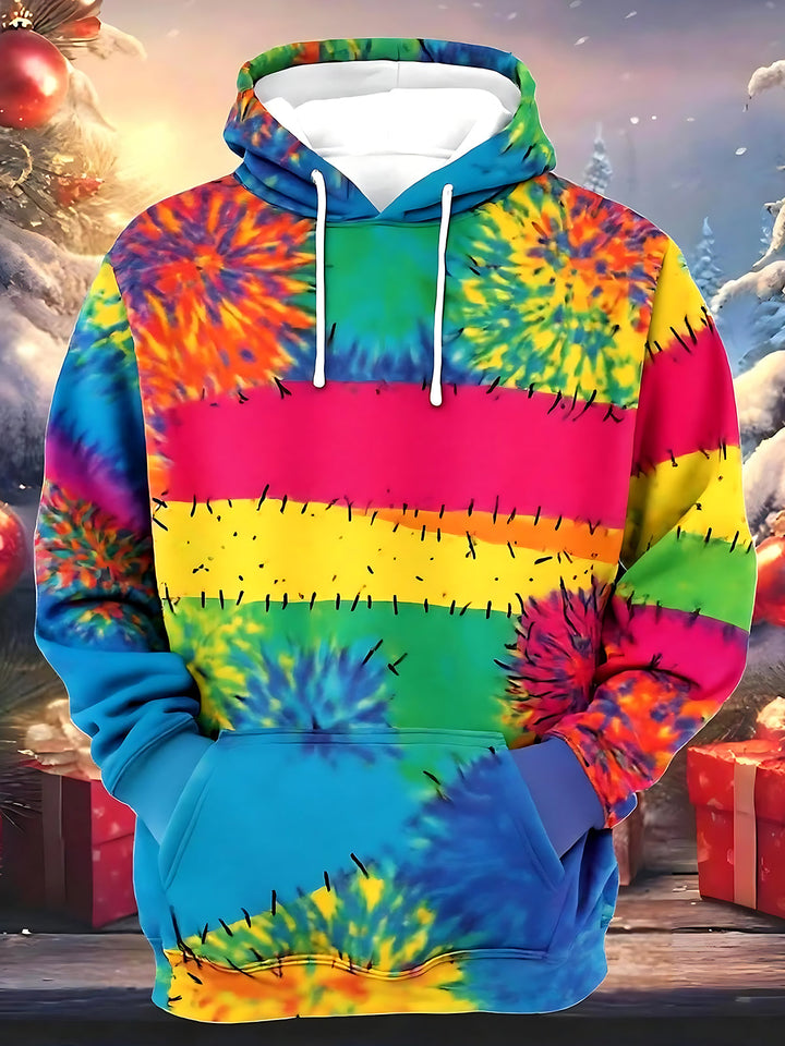 Oceanlyte Men's Striped Rainbow Tie Dye Print Long Sleeve Hoodie with Chest Pocket