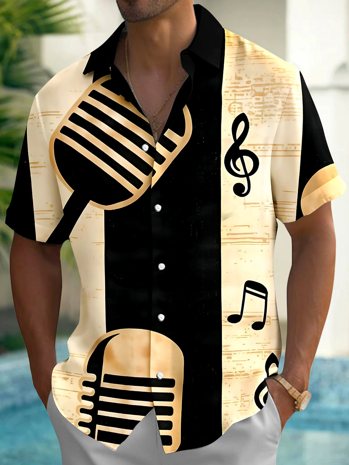 Oceanlyte Men's Vintage Style Vintage Microphone Print Short Sleeve Shirt with Chest Pocket