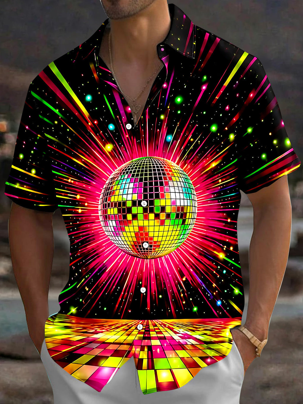 Oceanlyte Men's Retro Disco Ball Print Neon Light Rays Print Short Sleeve Shirt with Chest Pocket