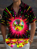 Oceanlyte Men's Retro Disco Ball Print Neon Light Rays Print Short Sleeve Shirt with Chest Pocket
