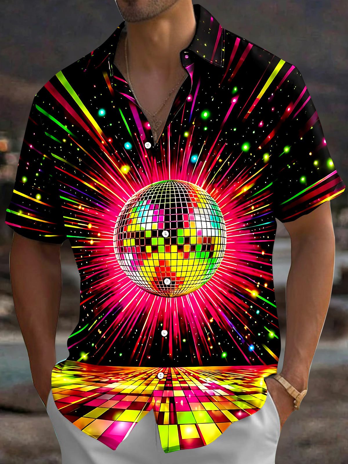 Oceanlyte Men's Retro Disco Ball Print Neon Light Rays Print Short Sleeve Shirt with Chest Pocket