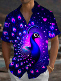 Oceanlyte Men's Hawaiian Neon Peacock Print Pink Hearts Print Short Sleeve Shirt with Chest Pocket