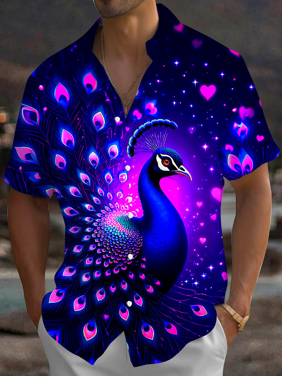 Oceanlyte Men's Hawaiian Neon Peacock Print Pink Hearts Print Short Sleeve Shirt with Chest Pocket