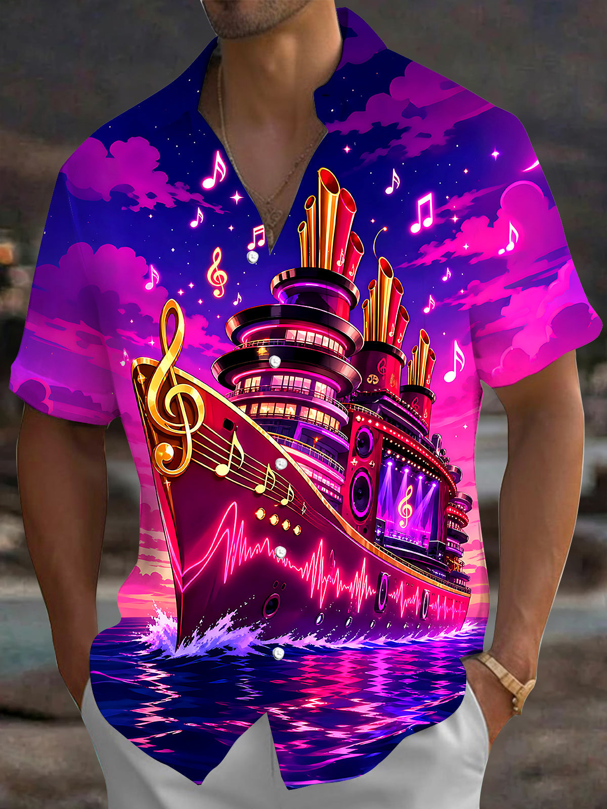 Oceanlyte Men's Graphic Music Cruise Ship Print Short Sleeve Shirt with Chest Pocket