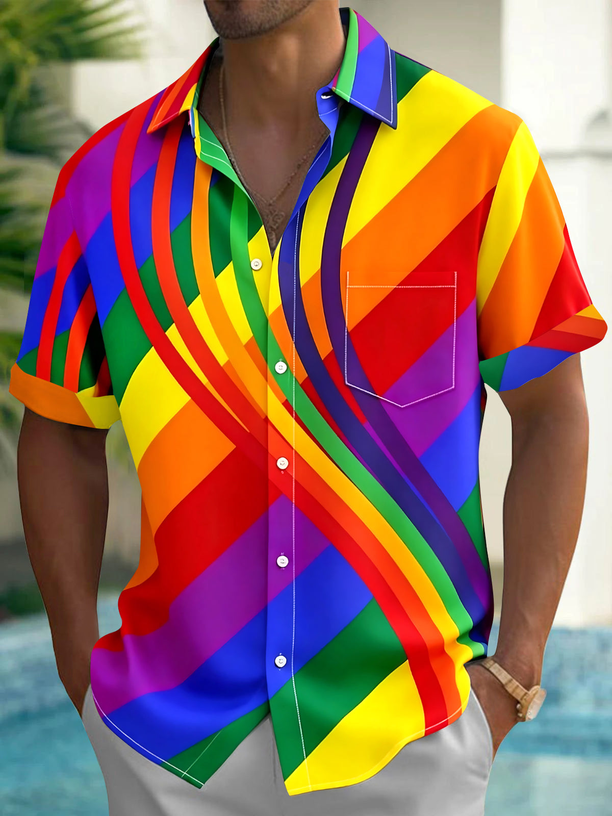 Oceanlyte Men's Printed Rainbow Wavy Stripes Print Short Sleeve Shirt with Chest Pocket