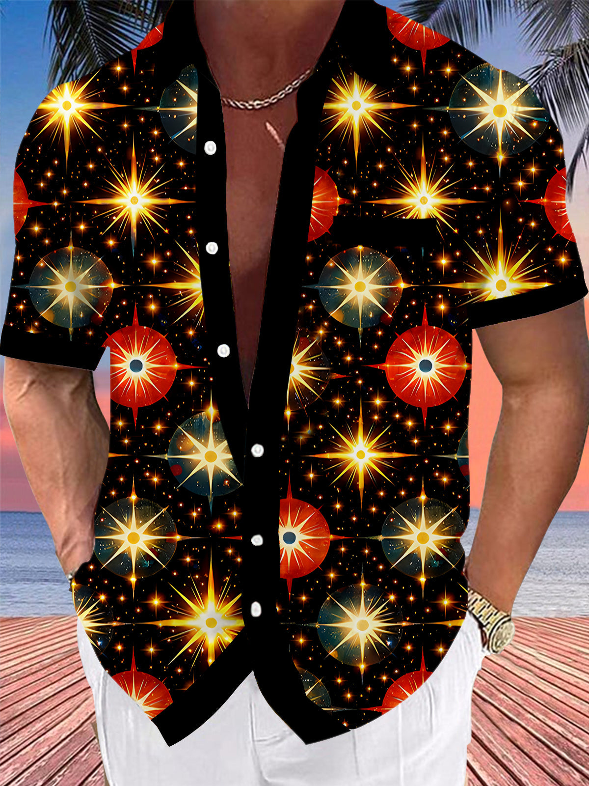 Oceanlyte Men's Hawaiian Space Starburst Pattern Short Sleeve Shirt with Chest Pocket