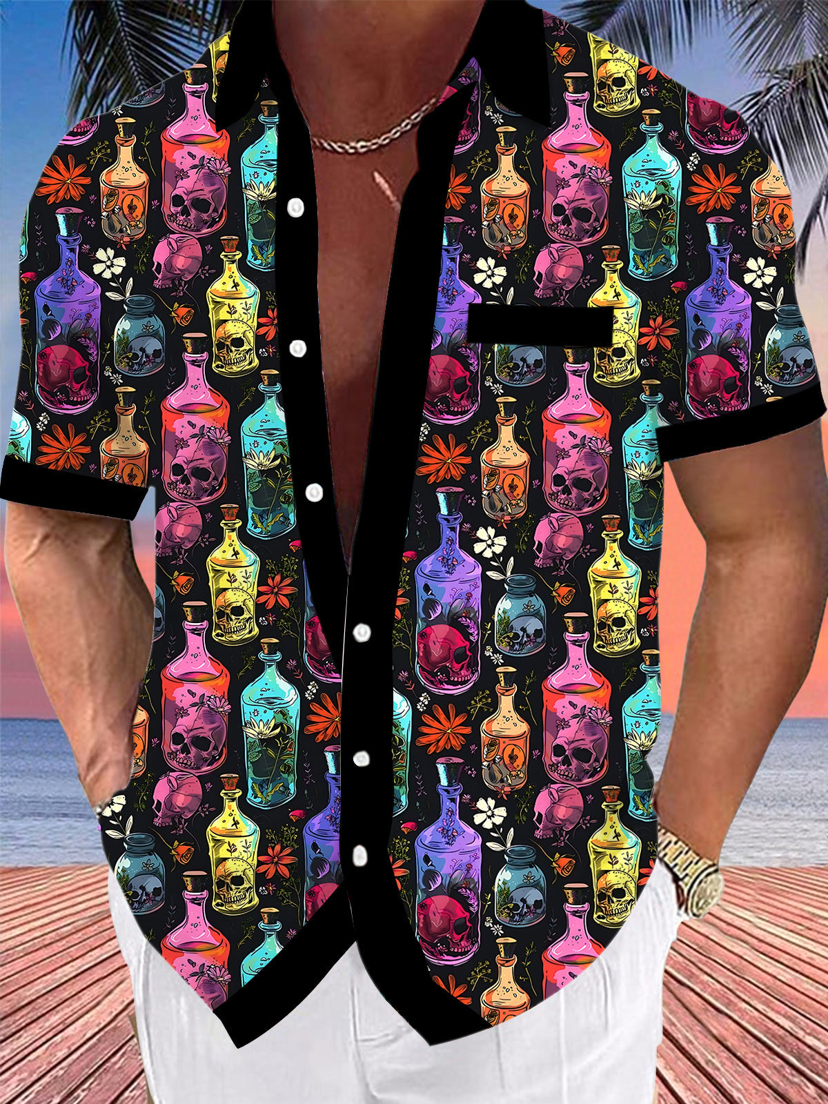 Oceanlyte Men's Hawaiian Skull Bottles Print Floral Pattern Short Sleeve Shirt with Chest Pocket