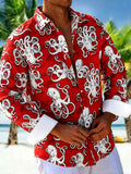 Oceanlyte Men's Hawaiian Octopus Print Red Background Print Long Sleeve Shirt with Chest Pocket