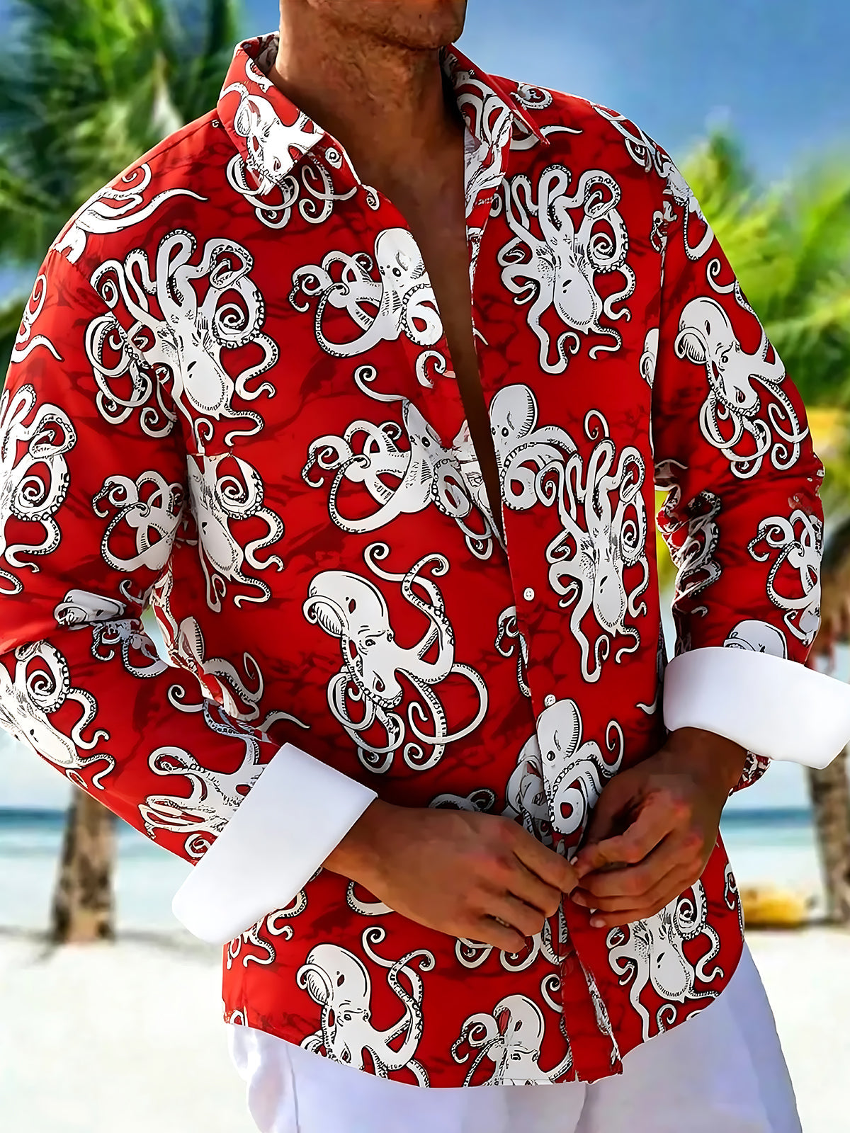 Oceanlyte Men's Hawaiian Octopus Print Red Background Print Long Sleeve Shirt with Chest Pocket