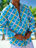 Oceanlyte Men's Patterned Colorful Grid Pattern Long Sleeve Shirt with Chest Pocket