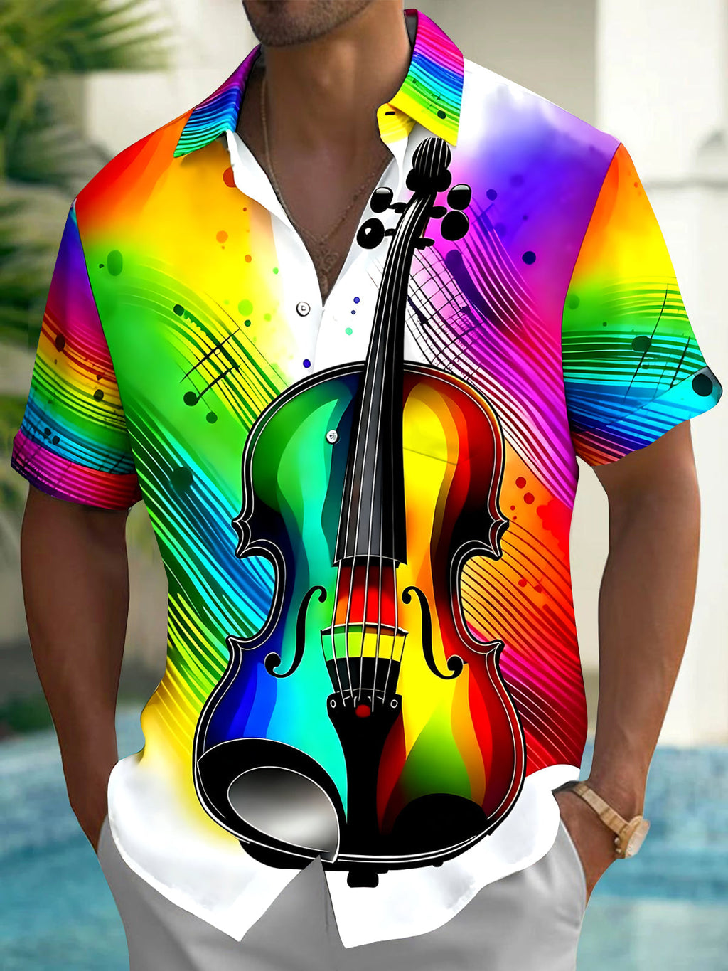 Oceanlyte Men's Graphic Rainbow Violin Print Short Sleeve Shirt with Chest Pocket