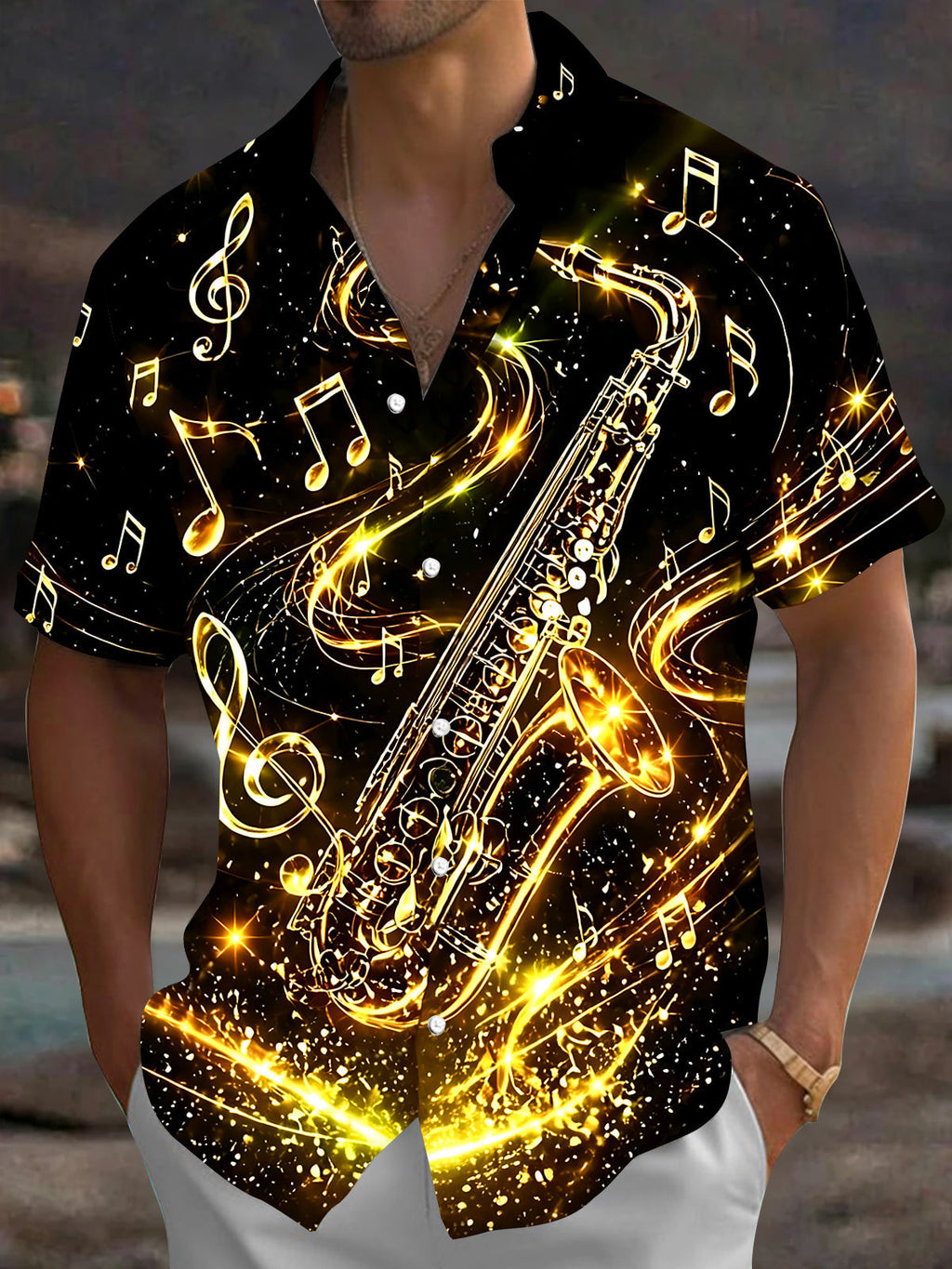 Oceanlyte Men's Hawaiian Golden Saxophone Print Short Sleeve Shirt with Chest Pocket