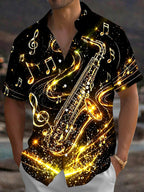 Oceanlyte Men's Hawaiian Golden Saxophone Print Short Sleeve Shirt with Chest Pocket