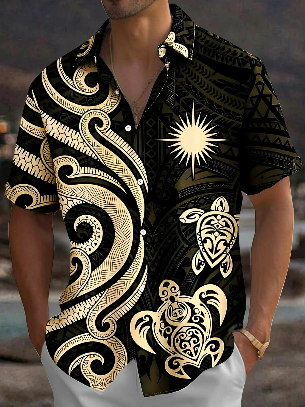 Oceanlyte Men's Hawaiian Tribal Turtle Print Sunburst Print Short Sleeve Shirt with Chest Pocket