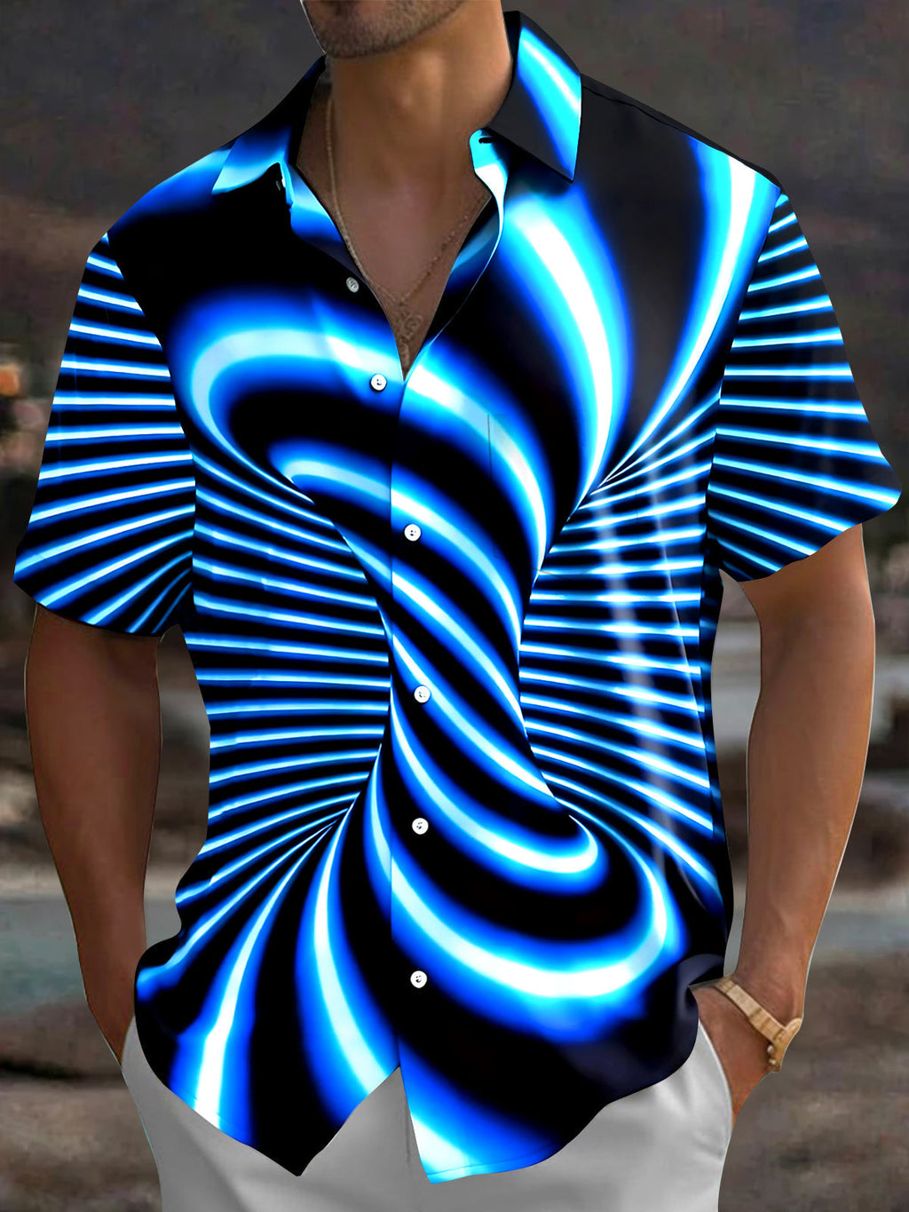 Oceanlyte Men's Psychedelic Blue Neon Swirl Pattern Short Sleeve Shirt with Chest Pocket