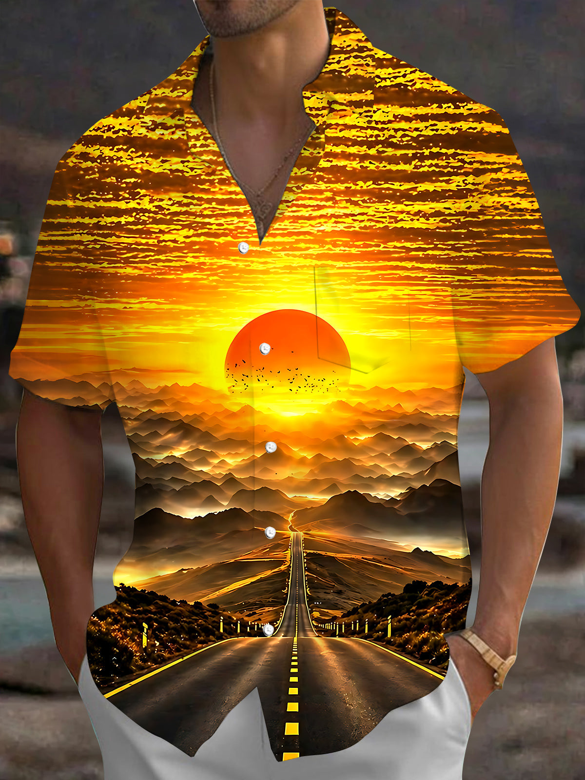 Oceanlyte Men's Hawaiian Sunset Landscape Print Short Sleeve Shirt with Chest Pocket