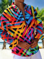 Oceanlyte Men's Printed Colorful Geometric Pattern Long Sleeve Shirt with Chest Pocket
