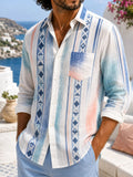 Oceanlyte Men's Striped Geometric Diamond Stripes Print Long Sleeve Shirt with Chest Pocket