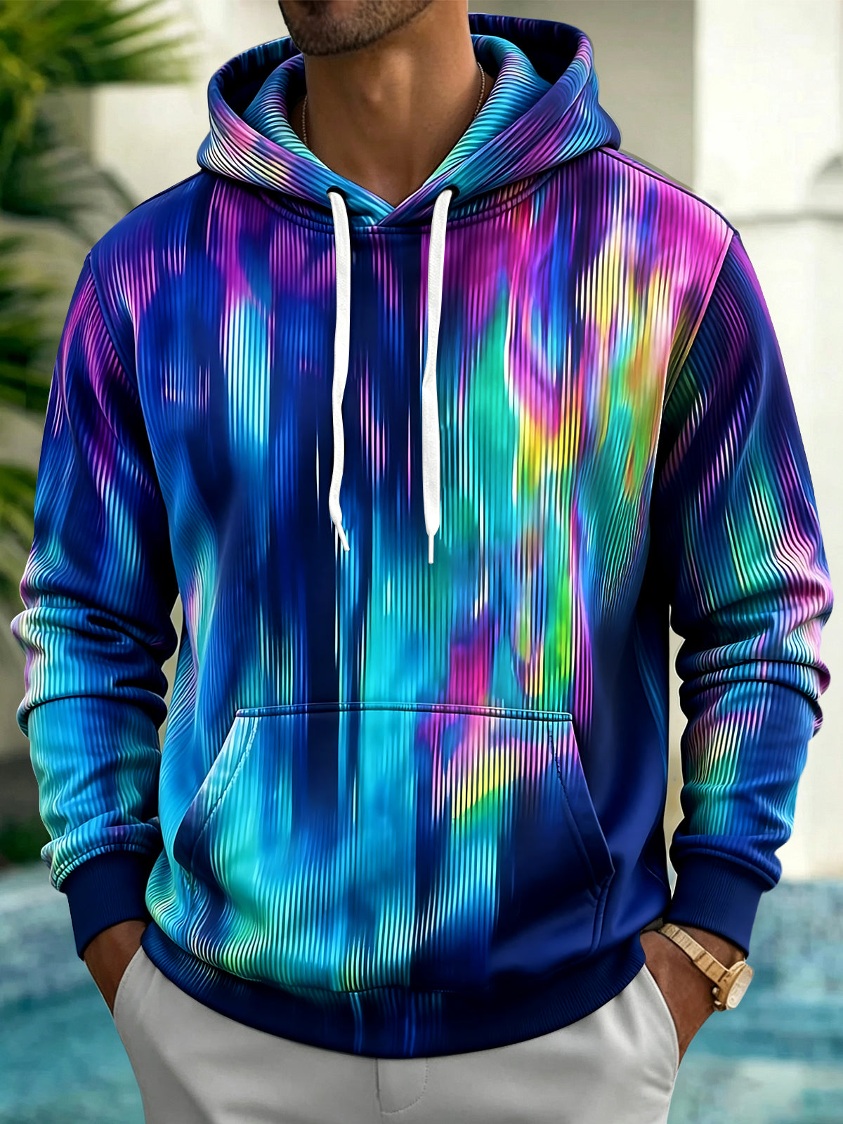 Oceanlyte Men's Tie Dye Colorful Gradient Lines Print Long Sleeve Hoodie with Chest Pocket