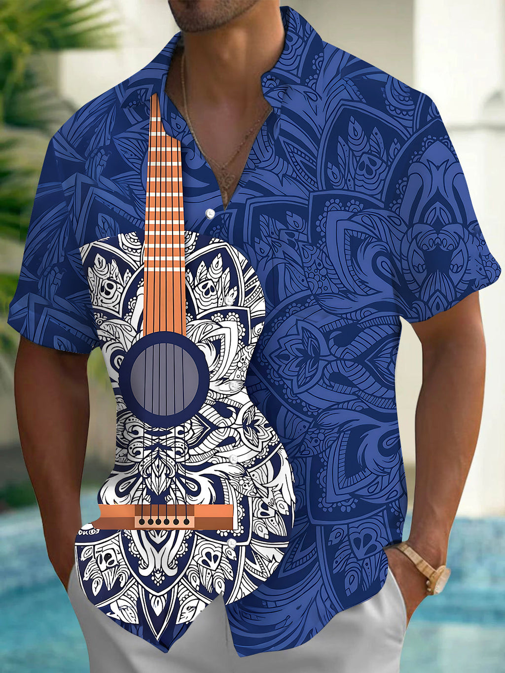 Oceanlyte Men's Hawaiian Guitar Mandala Pattern Short Sleeve Shirt with Chest Pocket