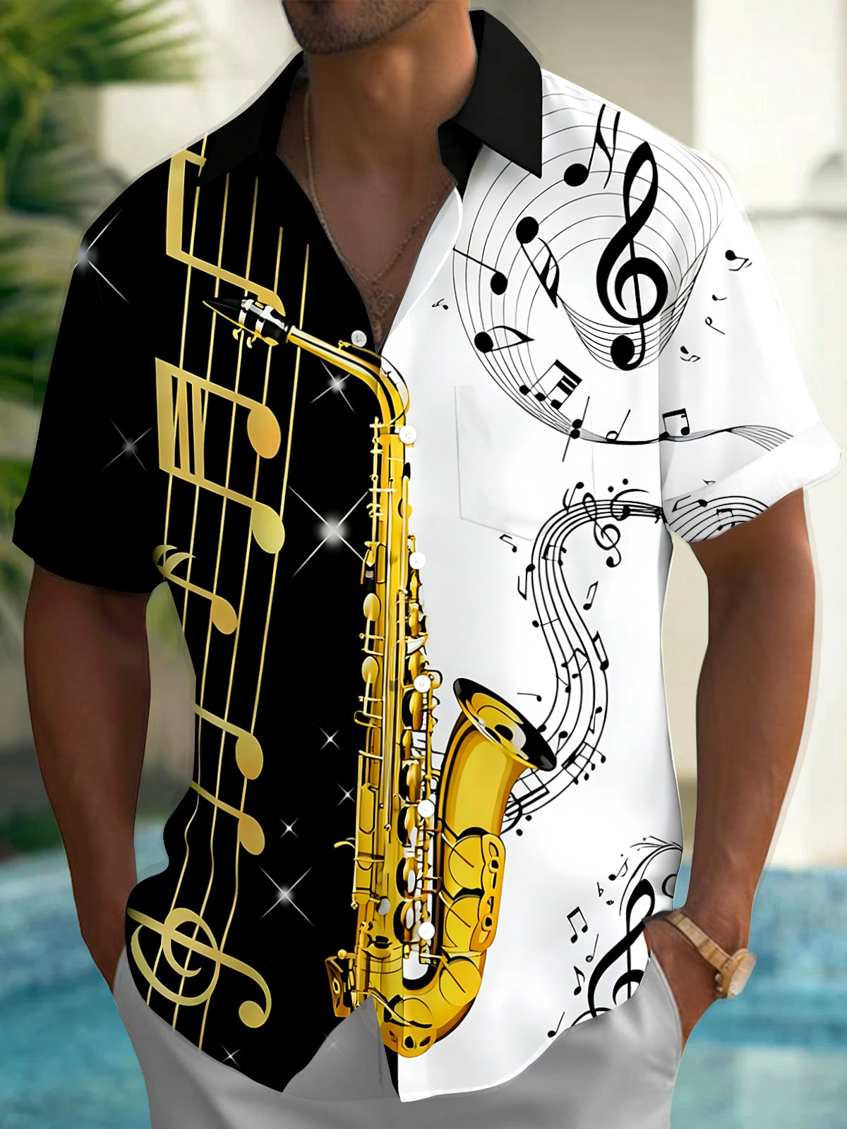 Oceanlyte Men's Hawaiian Saxophone Print Musical Notes Print Short Sleeve Shirt with Chest Pocket