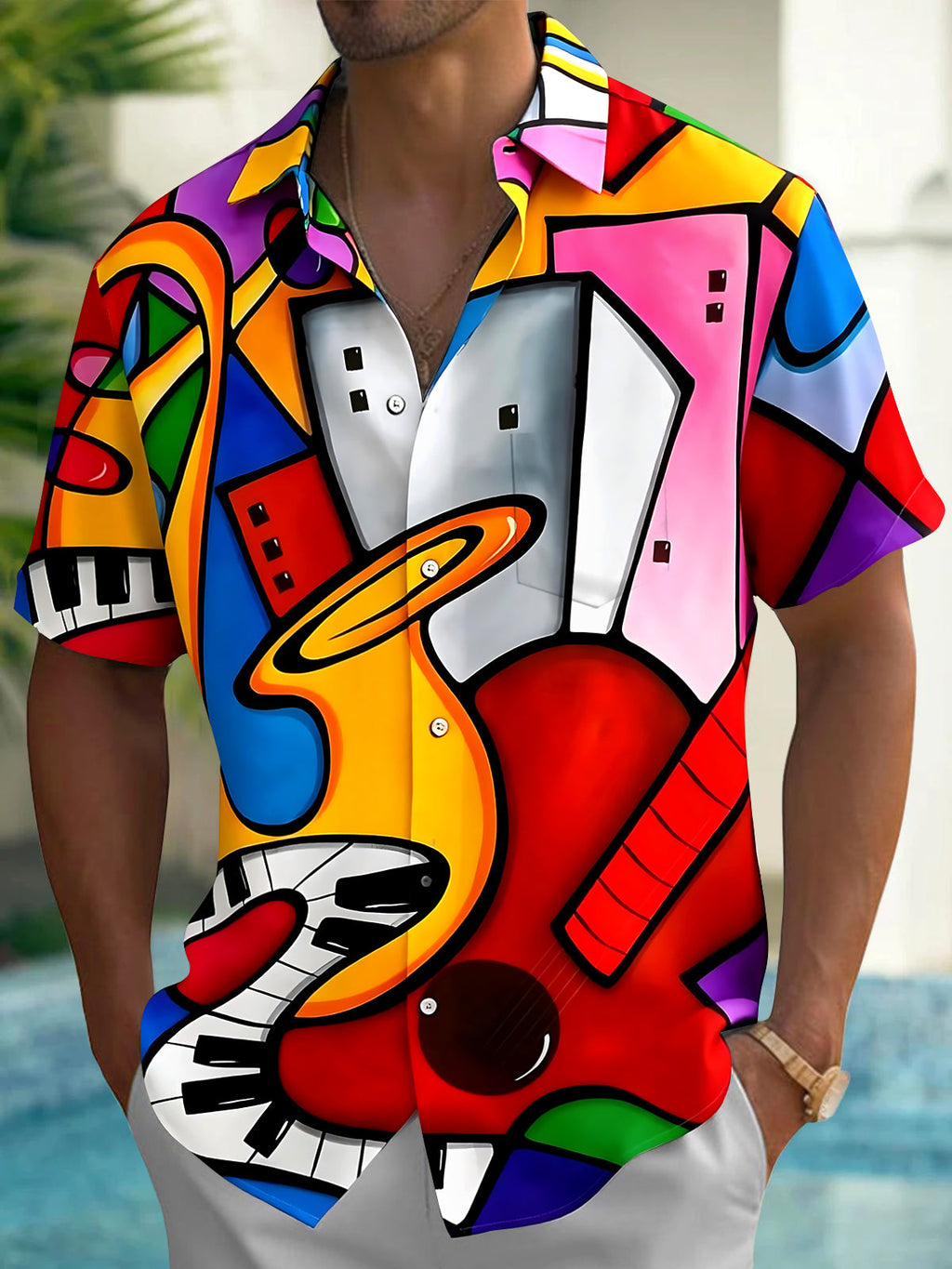 Oceanlyte Men's Graphic Abstract Musical Instruments Print Short Sleeve Shirt with Chest Pocket